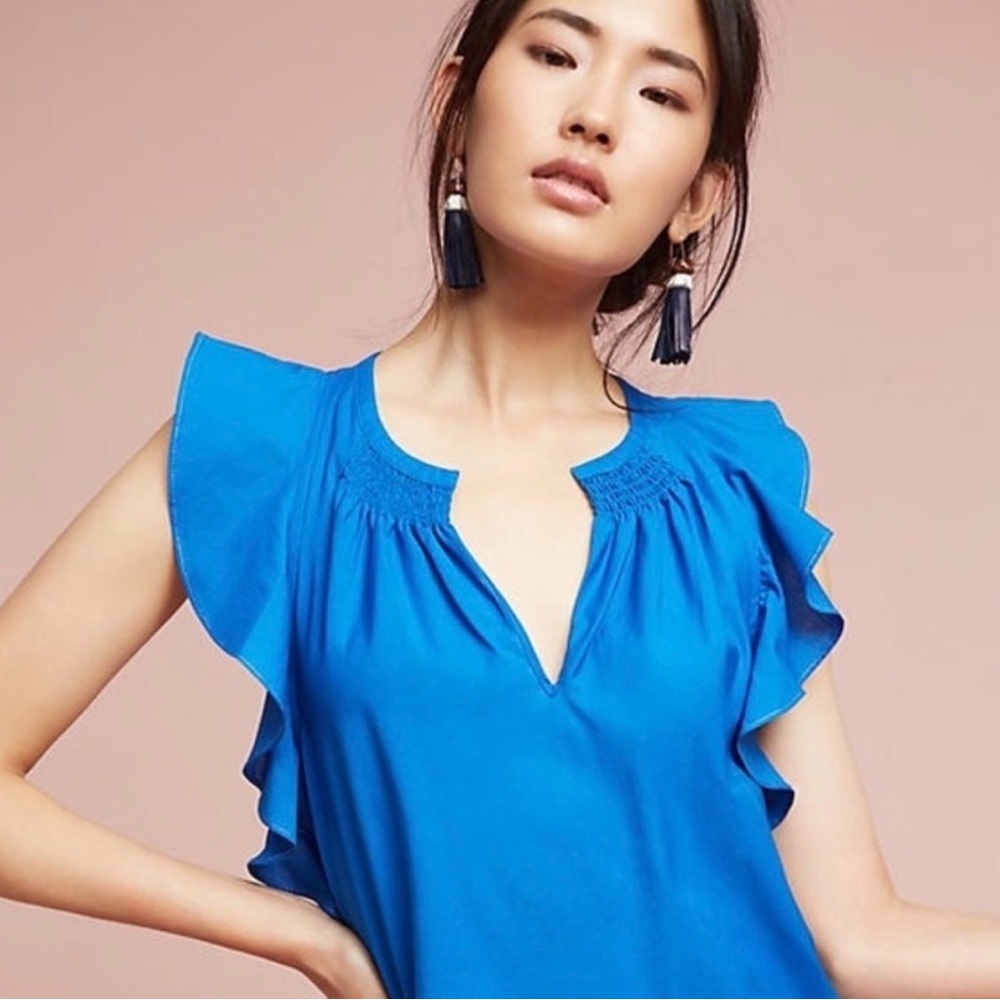 Anthropologie HD in Paris Flutter Sleeve Blouse, Blue, Size 4